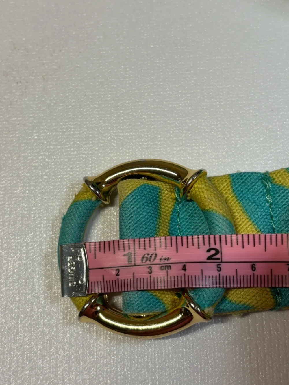J. Crew Aqua Blue & Lime Green Printed Linen Belt Gold Horseshoe Buckle Medium